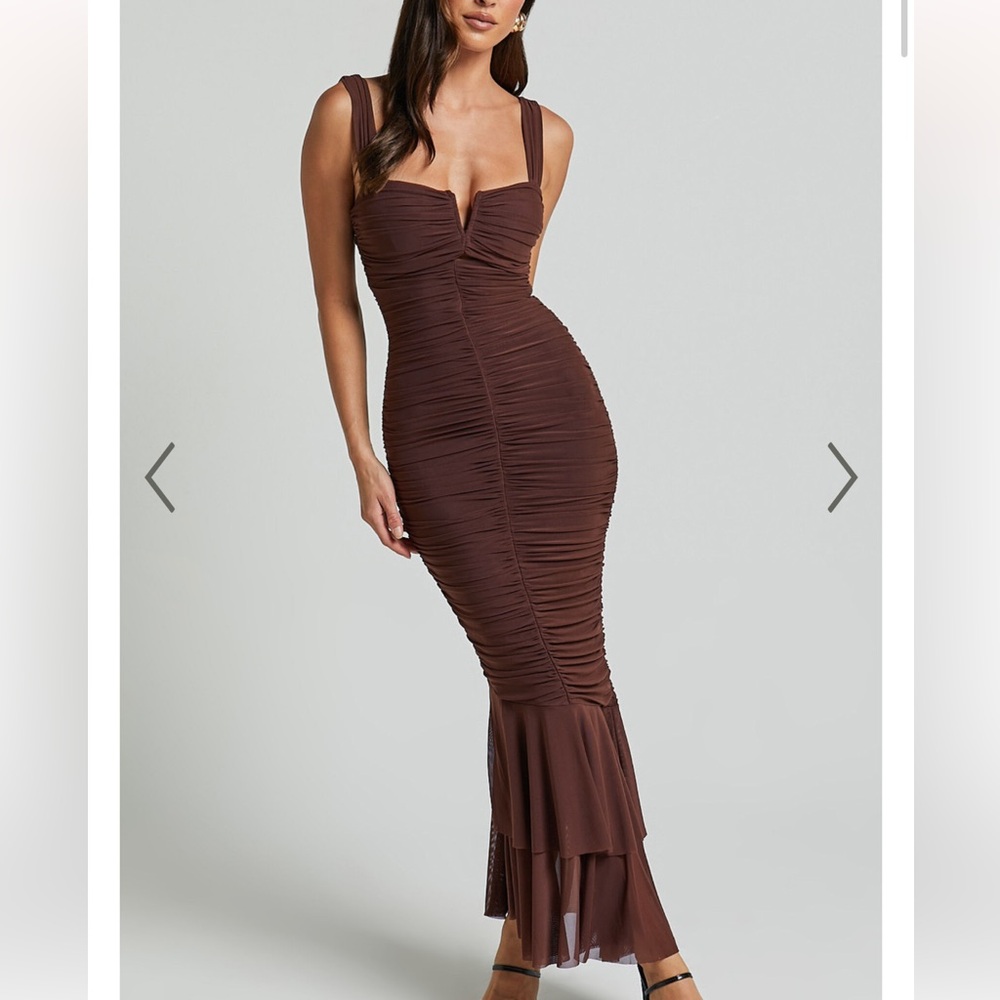 Brown Bodycon Rouched Maxi Dress - Picture 3 of 5